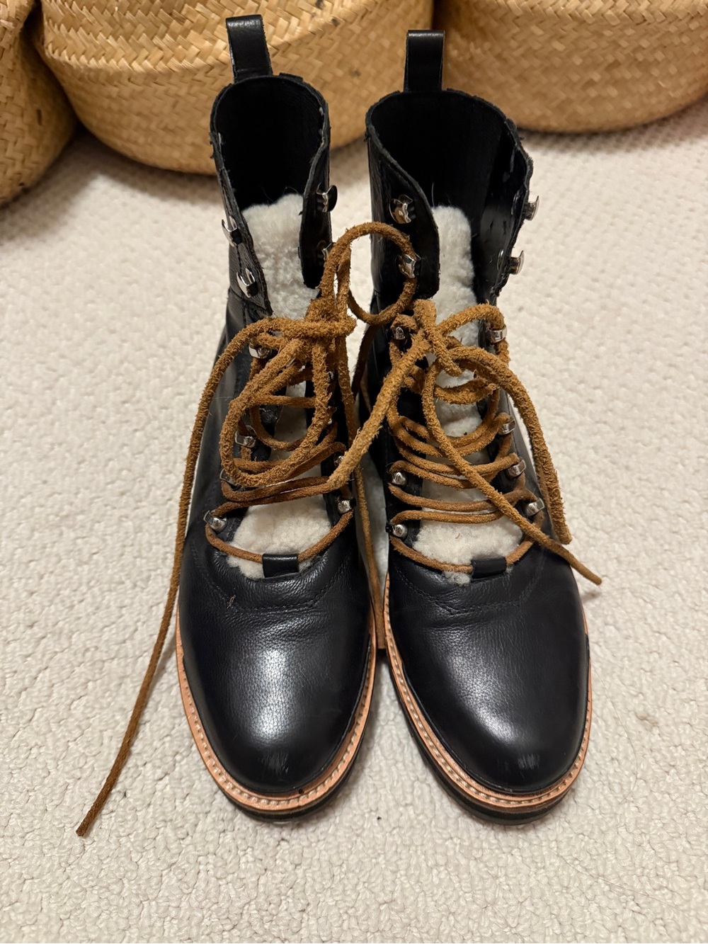 Marc Fisher Black Leather Lace-Up Ankle Snow Boots with Shearling Trim